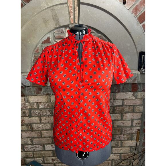 button up blouse ruffle collar tie neck red blue geometric - Picture 1 of 8